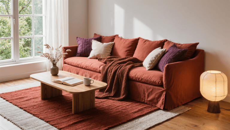 A bright rental living room with a terracotta linen sofa, layered cushions and rugs, a knit throw, and morning light from a wide window.