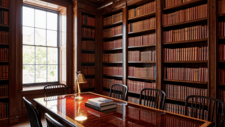 A formal dining table with a stack of novels and a reading lamp beside tall dark-wood shelving.