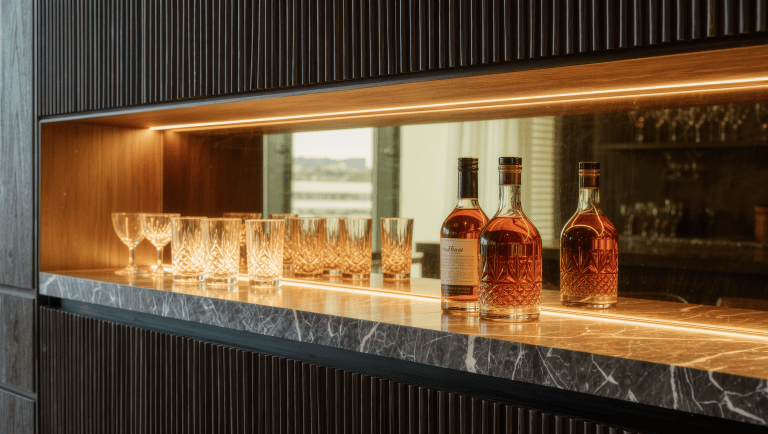 A concealed light beneath a stone bar shelf illuminates crystal glassware against a mirrored back.