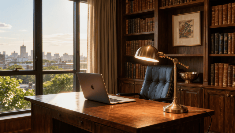 A home office desk faces soft window light with a styled bookshelf behind it.