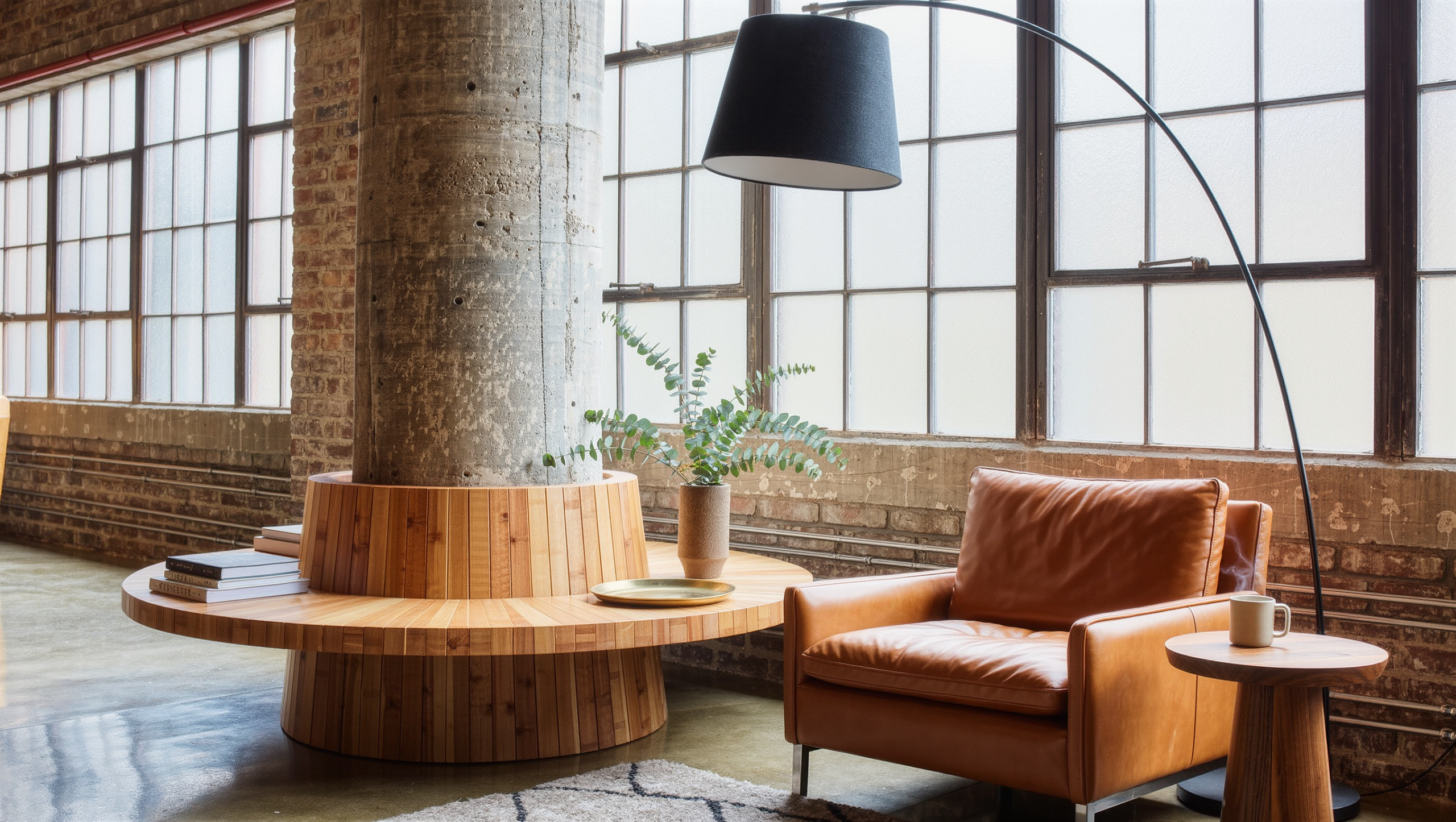A round concrete column in a bright loft wrapped by a circular oak shelf bench, with an ochre leather armchair beside it.