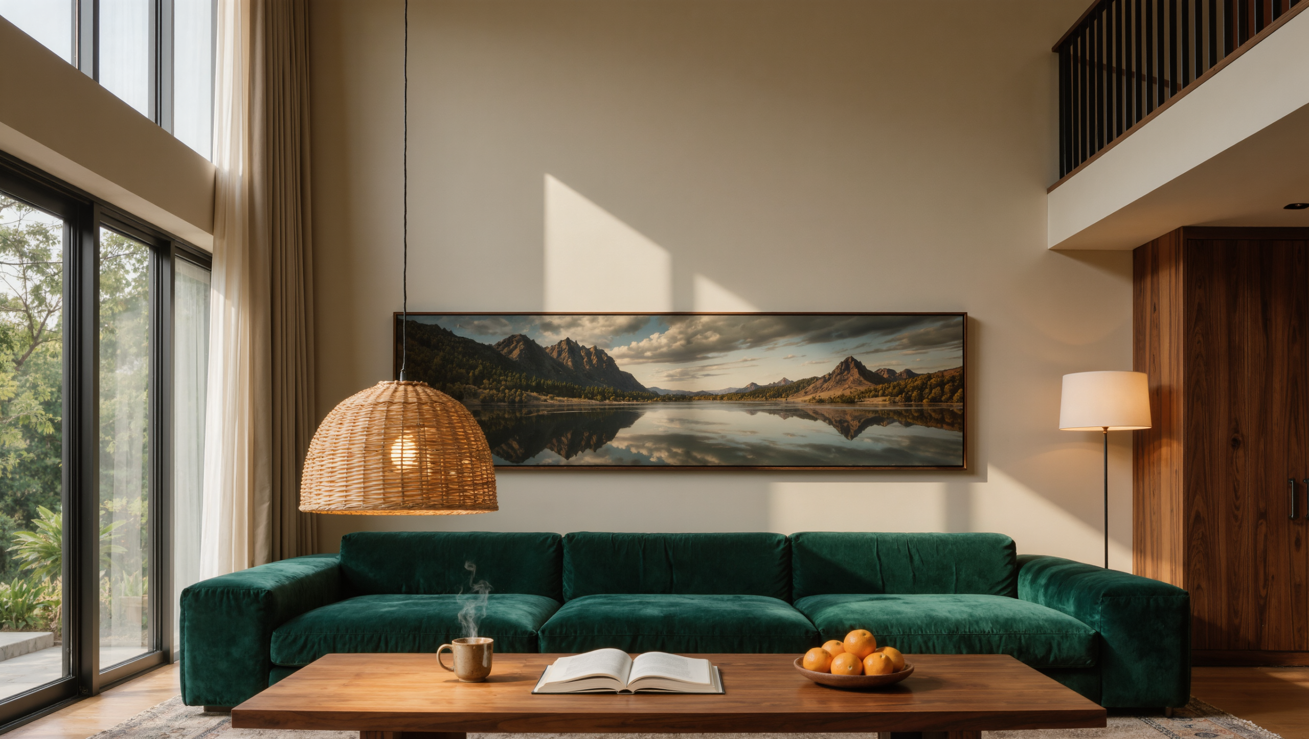 A double-height living room with a low deep-green sofa, an oversized pendant hung low, and wide horizontal art at seated eye level.