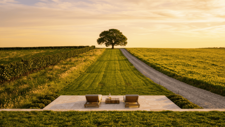 A long mown grass axis running from a stone terrace toward a distant oak on a rise, flanked by meadow bands and a single hedge line.
