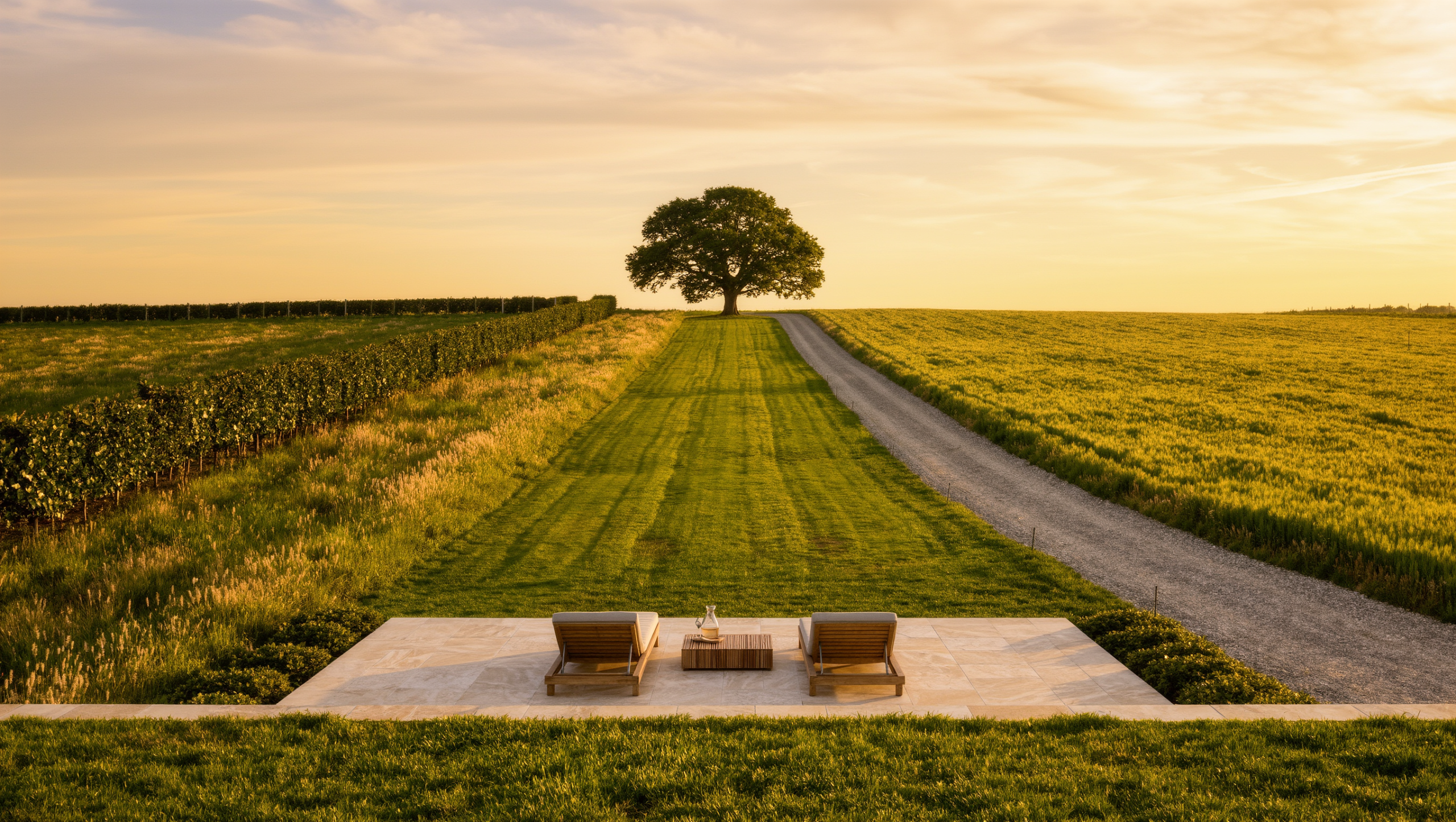 A long mown grass axis running from a stone terrace toward a distant oak on a rise, flanked by meadow bands and a single hedge line.