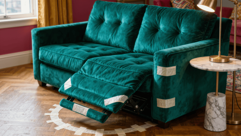 A velvet sofa's footprint outlined in tape on the floor beside a marble side table, showing the extra arc needed for reclining.