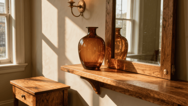A warm oak wood shelf, oak-framed mirror, and oak side table repeating the same honey-toned grain, unified by matching brass hardware.