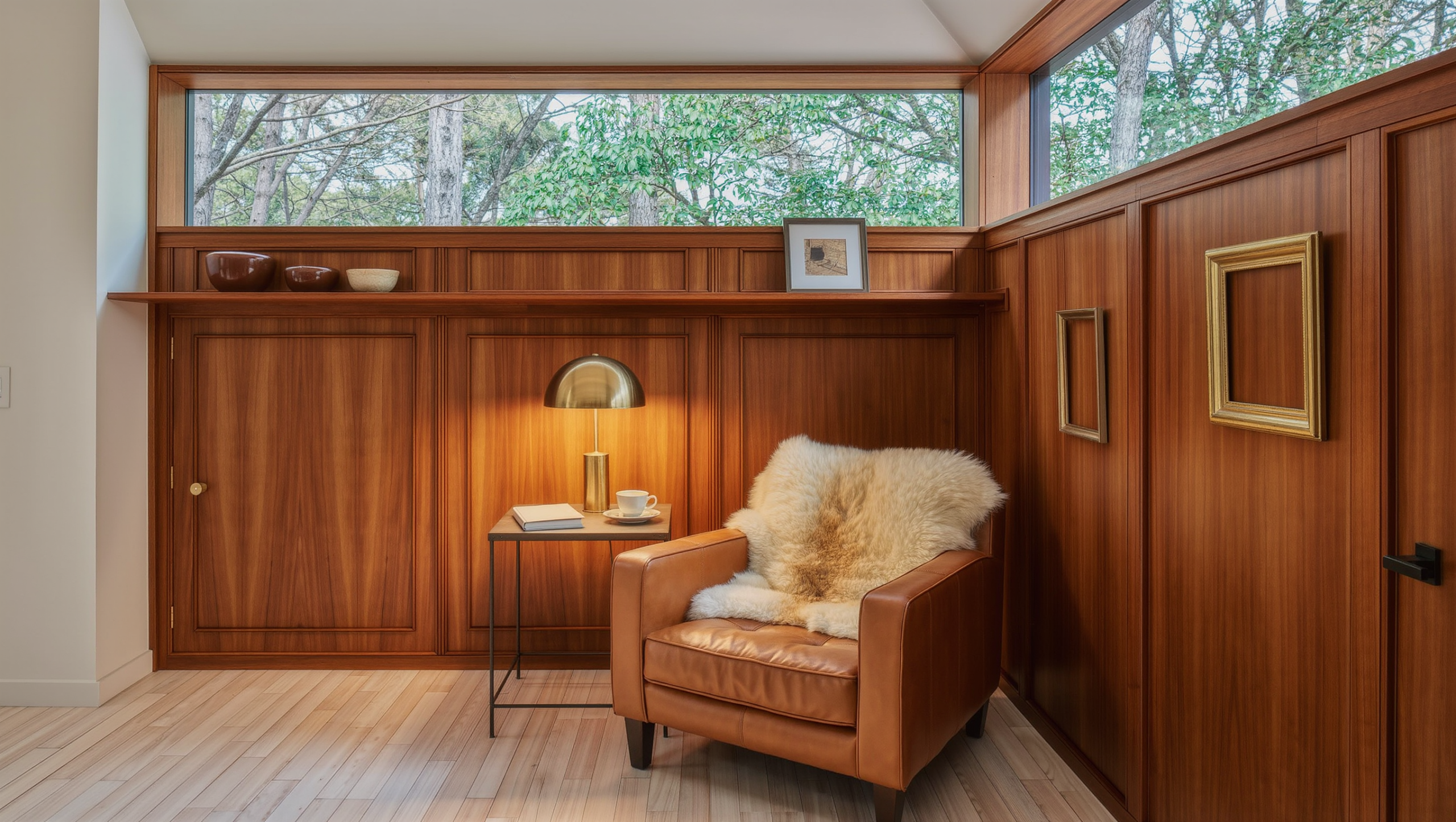 A north-facing sitting room with cool steady window light balanced by walnut paneling, a caramel leather armchair, sheepskin throw, and a warm brass lamp.