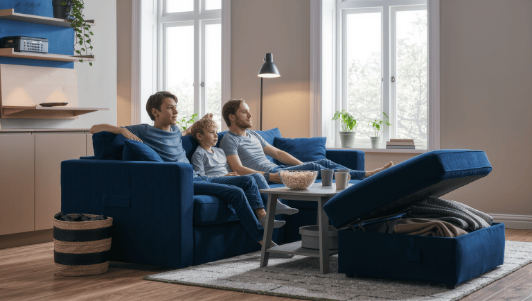 A family lounge mid-recovery after movie night, with an open storage ottoman, a controller bin, and blankets being reset.