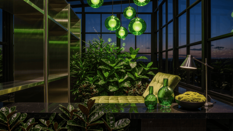 A night-garden room with glossy dark foliage on a black stone ledge, a tarragon velvet chaise, and green glass pendant globes against indigo dusk glazing.