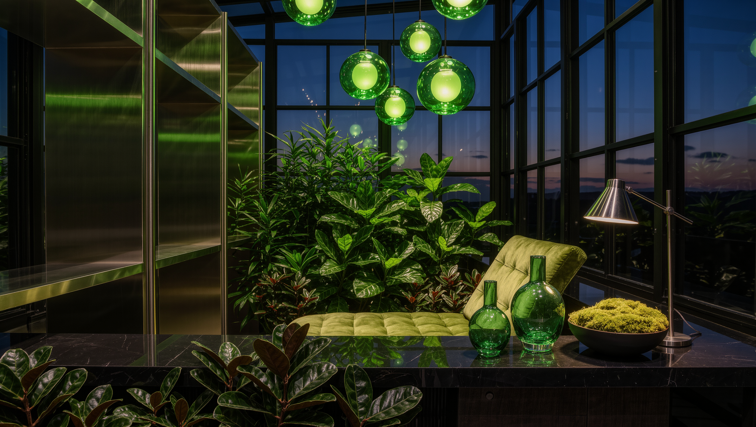 A night-garden room with glossy dark foliage on a black stone ledge, a tarragon velvet chaise, and green glass pendant globes against indigo dusk glazing.