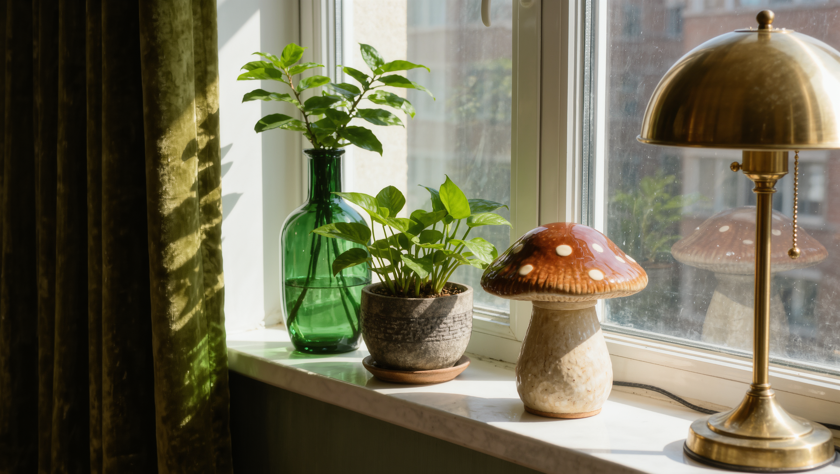 An olive velvet curtain, mushroom lamp base, and bottle-green vase in a rental corner