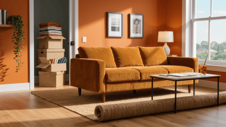 A living room mid-reset in bright afternoon light with an ochre corduroy sofa at a new angle, a half-unrolled jute rug, and boxes by the door.