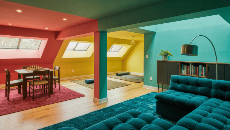 A large finished basement zoned into a media lounge, game table area, and exercise corner between painted structural columns.