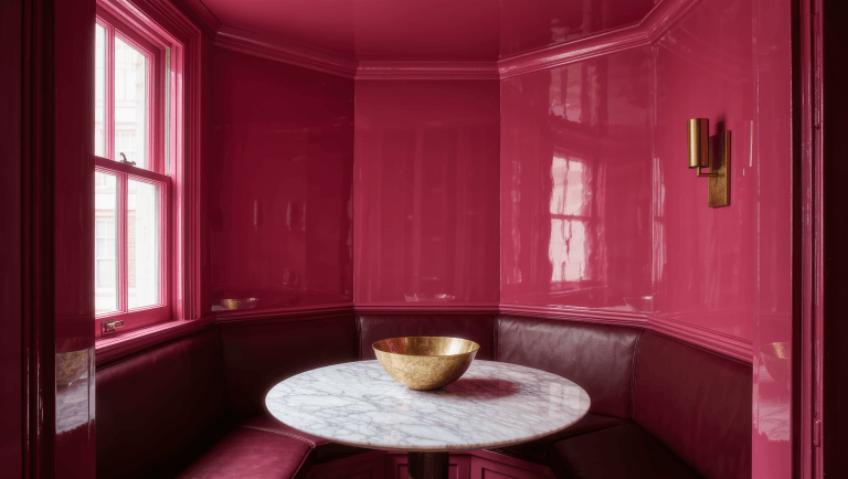 A raspberry-lacquer field covers a dining nook's wall, ceiling, and banquette in one saturated color.
