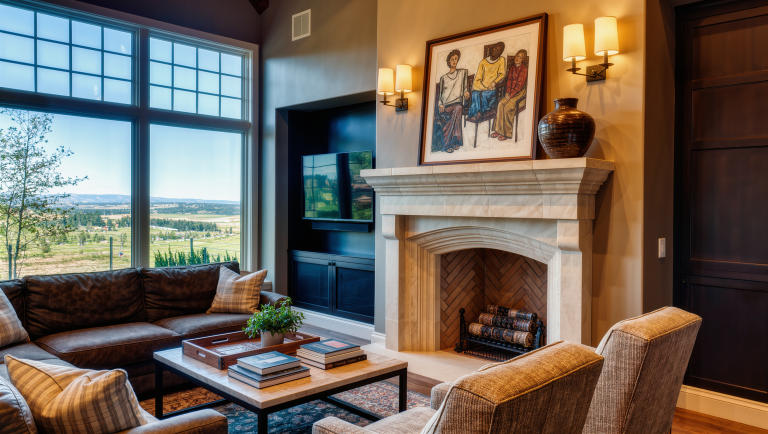 A large living room with seating committed to a limestone fireplace while a landscape window stays in view and the TV recedes into a dark niche.