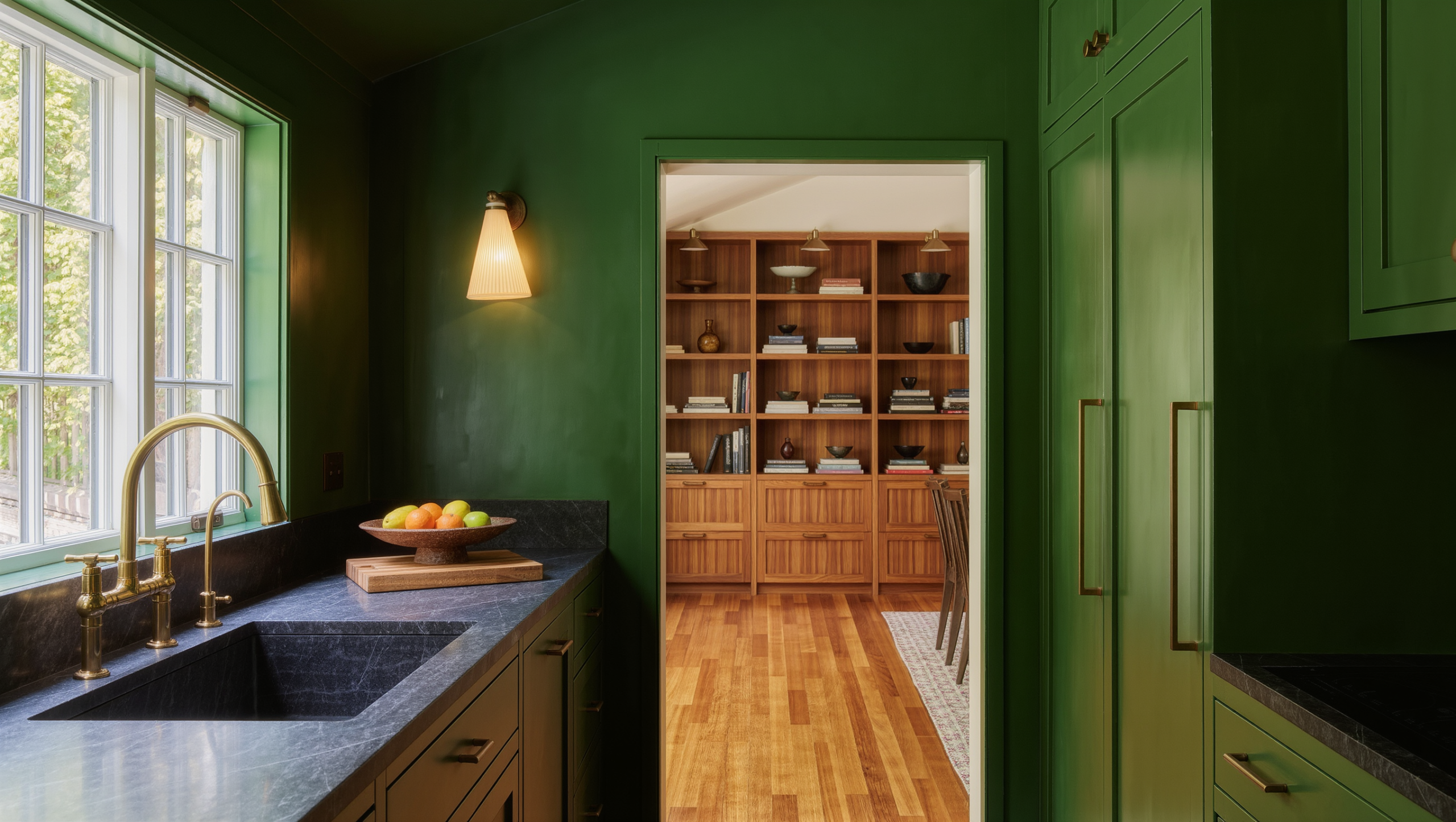 View from a forest-green kitchen through a wide cased opening into a walnut-shelved living room, with one continuous oak floor