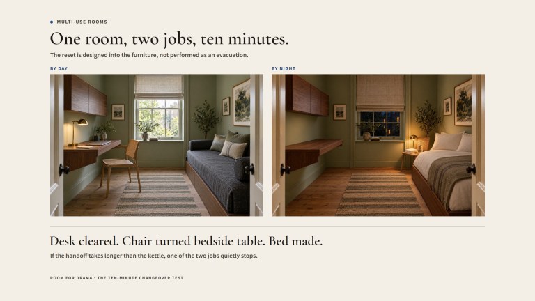 The same guest room office by day and by night. By day the wall desk holds a laptop and lamp with the chair pulled out; by night the desk is clear, the cane chair has become a bedside table with a towel, carafe and lamp, and the daybed is made up.