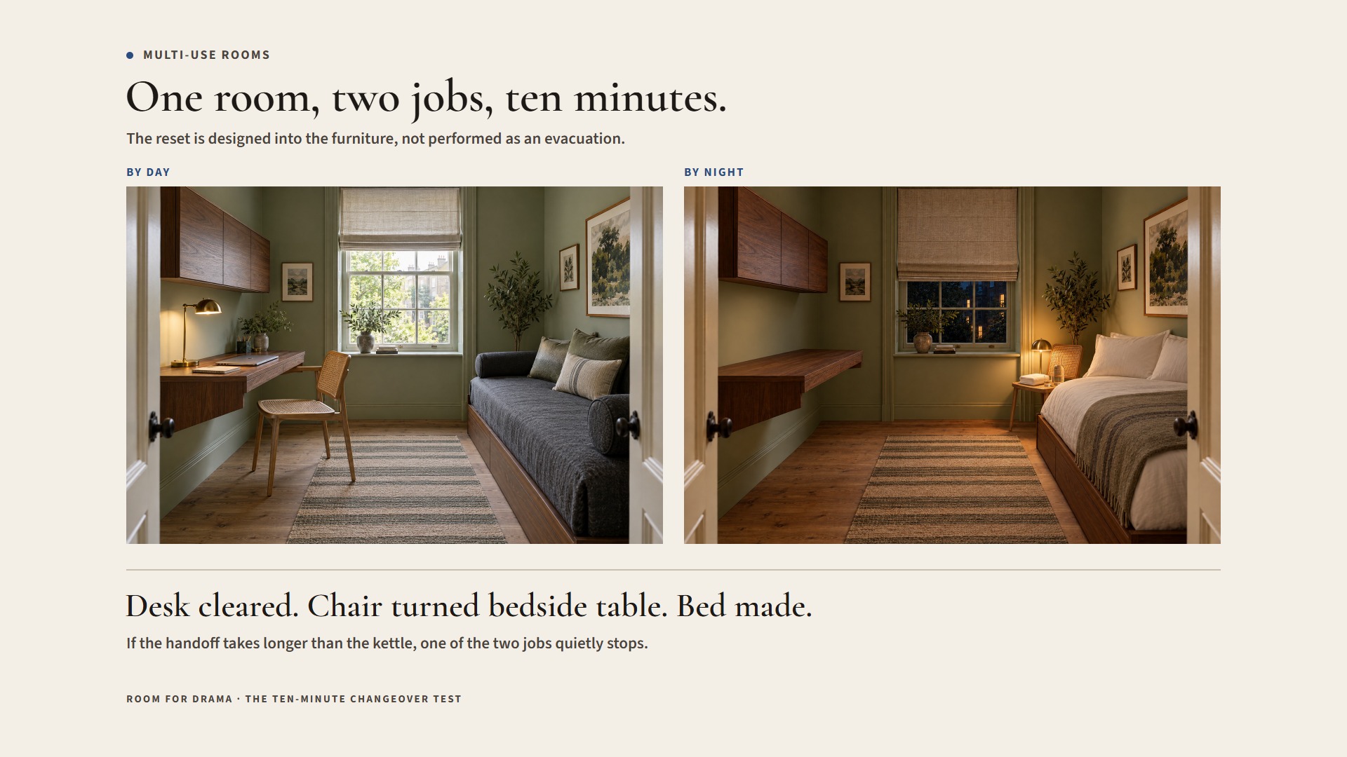 The same guest room office by day and by night. By day the wall desk holds a laptop and lamp with the chair pulled out; by night the desk is clear, the cane chair has become a bedside table with a towel, carafe and lamp, and the daybed is made up.