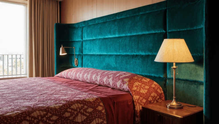 A dramatically oversized floral-patterned fabric panel spans an entire bedroom wall behind an upholstered headboard in deep jewel tones.