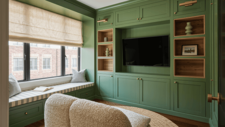 A small living room with a sage-green built-in wall combining storage, display niches, a media nook, and a window-seat bench.