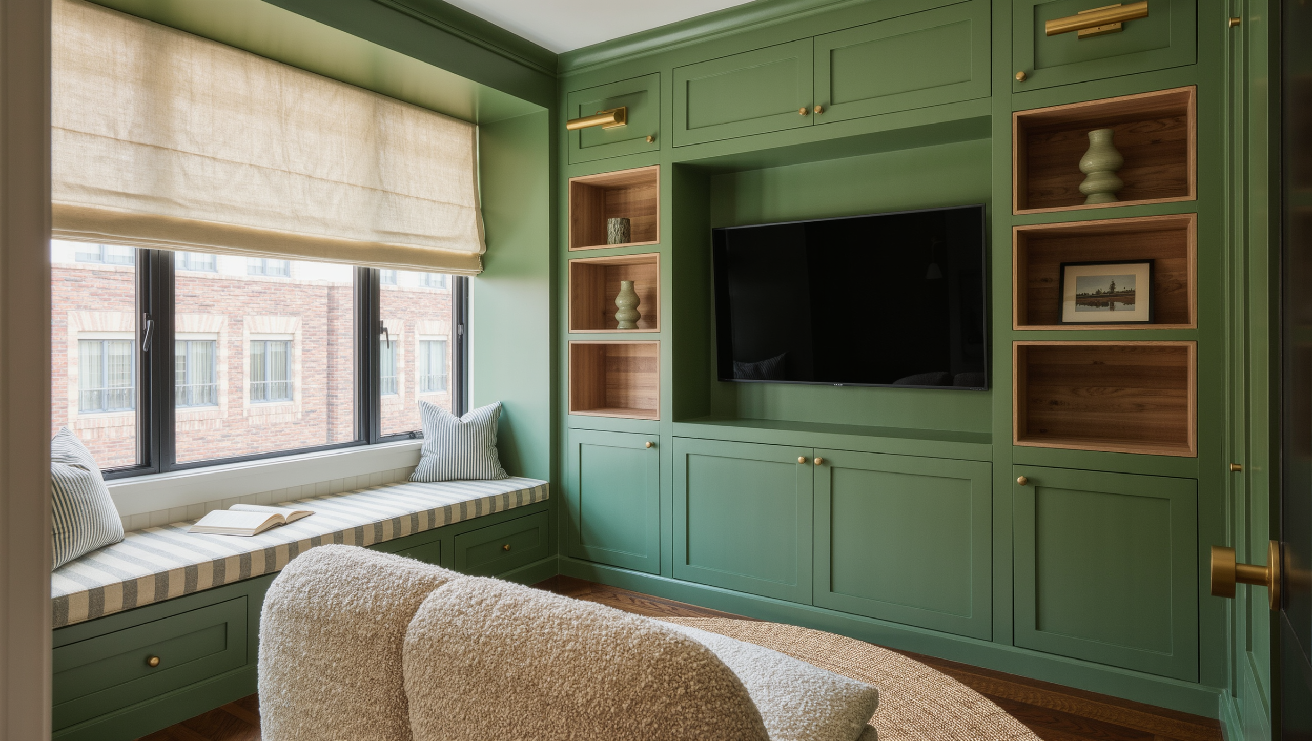 A small living room with a sage-green built-in wall combining storage, display niches, a media nook, and a window-seat bench.