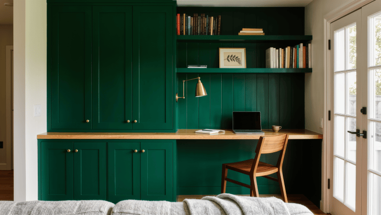 A forest green built-in work wall with an oak desk surface, closed cabinets, and shelving in a bright living room.