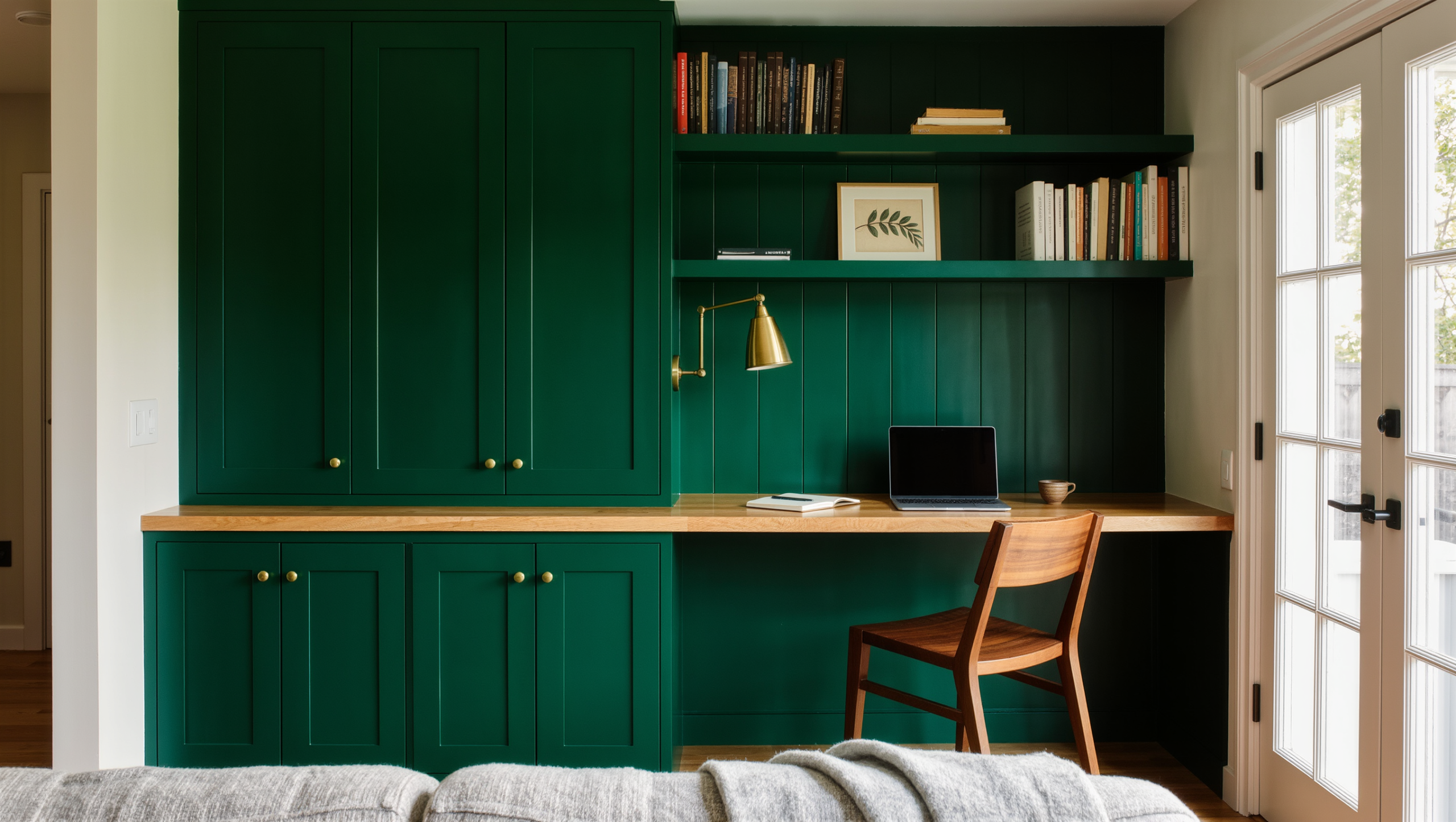 A forest green built-in work wall with an oak desk surface, closed cabinets, and shelving in a bright living room.