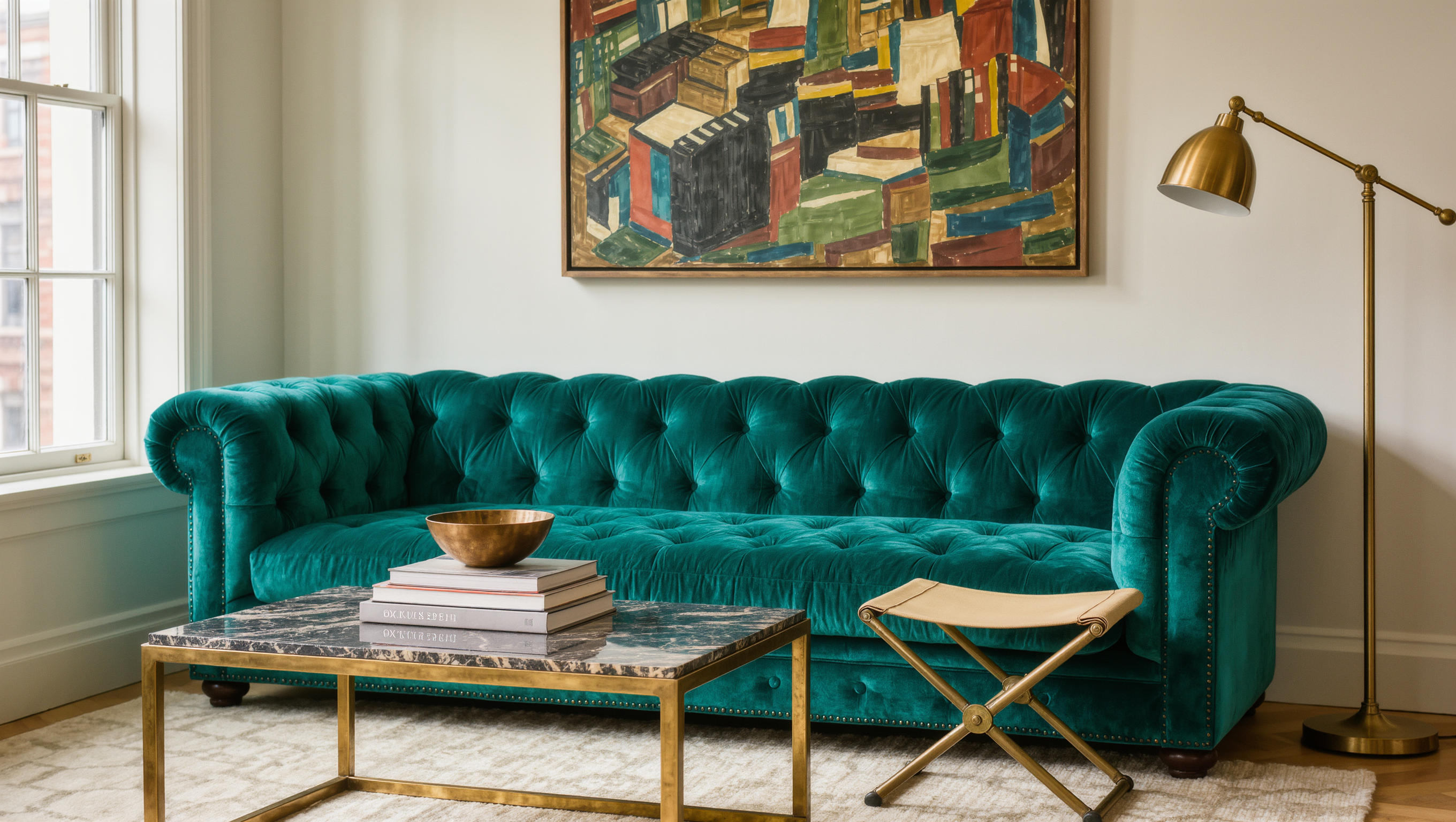 A tufted emerald velvet sofa anchors a small living room, with a lightweight stool tucked beside it ready to expand seating for guests.
