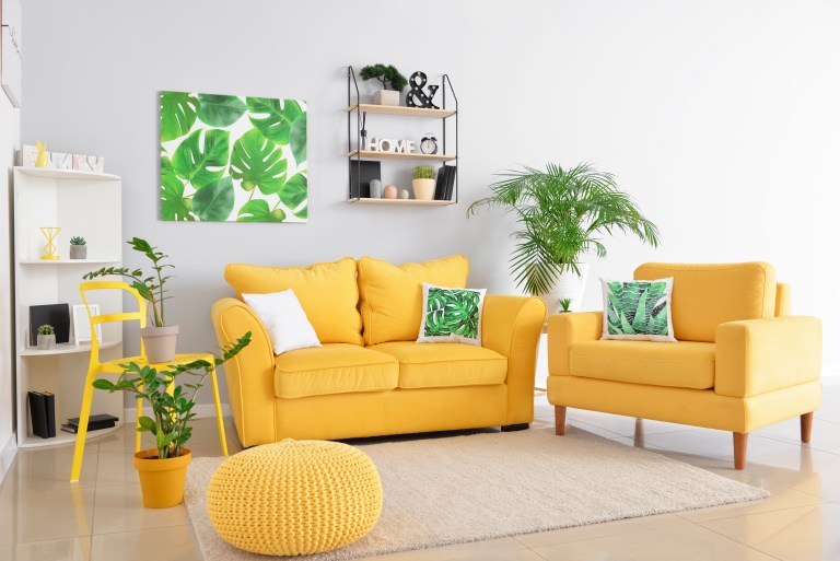 A mustard-yellow sofa and matching armchair face each other over a woven pouf and rug, layered with potted plants and botanical art on the wall.