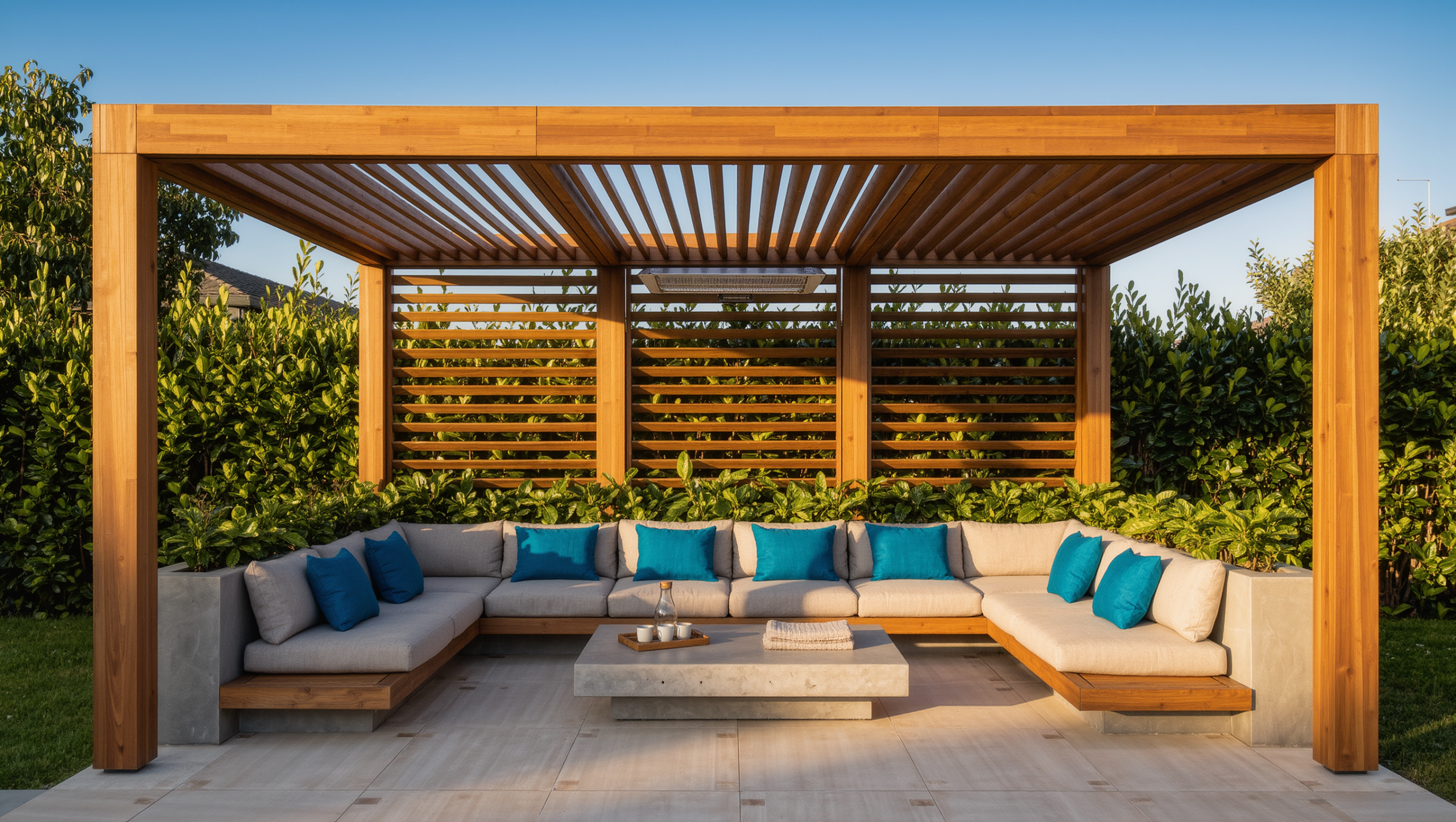 A golden-hour outdoor room under a louvered cedar pergola with deep modular seating, planter benches, and a radiant heater overhead.