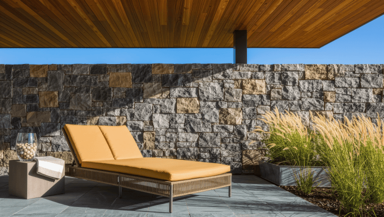 A covered patio in raking afternoon sun with a split-face stone wall, wood slat ceiling, rope-weave lounge chair, and grasses in planters.