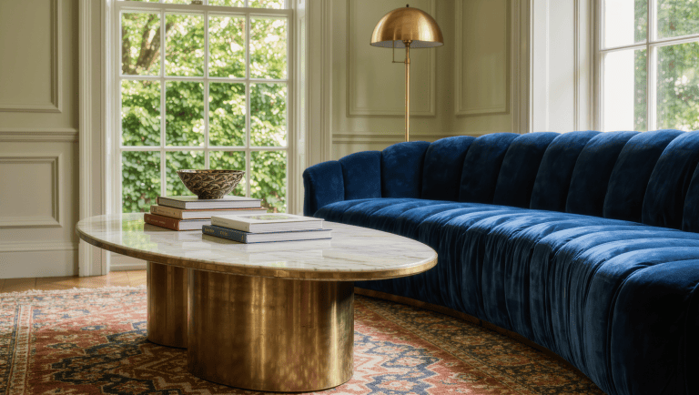 A rounded oval brass-based coffee table positioned along a curved walking route