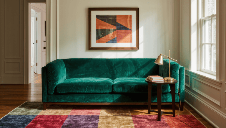 A substantial emerald velvet sofa grounded by a large layered rug in a compact room.