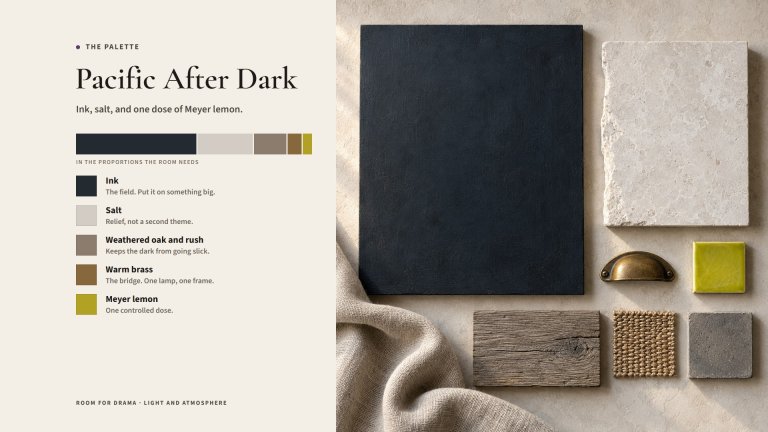 Palette for Pacific After Dark: a material board with a large ink-black painted panel, pale limestone, oatmeal linen, weathered oak, rush, a brass pull and one small Meyer-lemon tile, beside swatches in proportion: ink, salt, weathered oak and rush, warm brass, Meyer lemon.