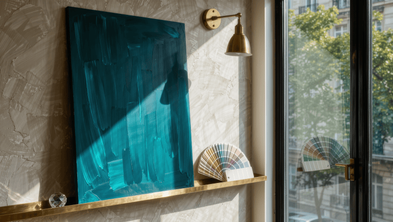 A large teal paint sample board leans beside a window so its undertone and value can be observed in changing natural light.