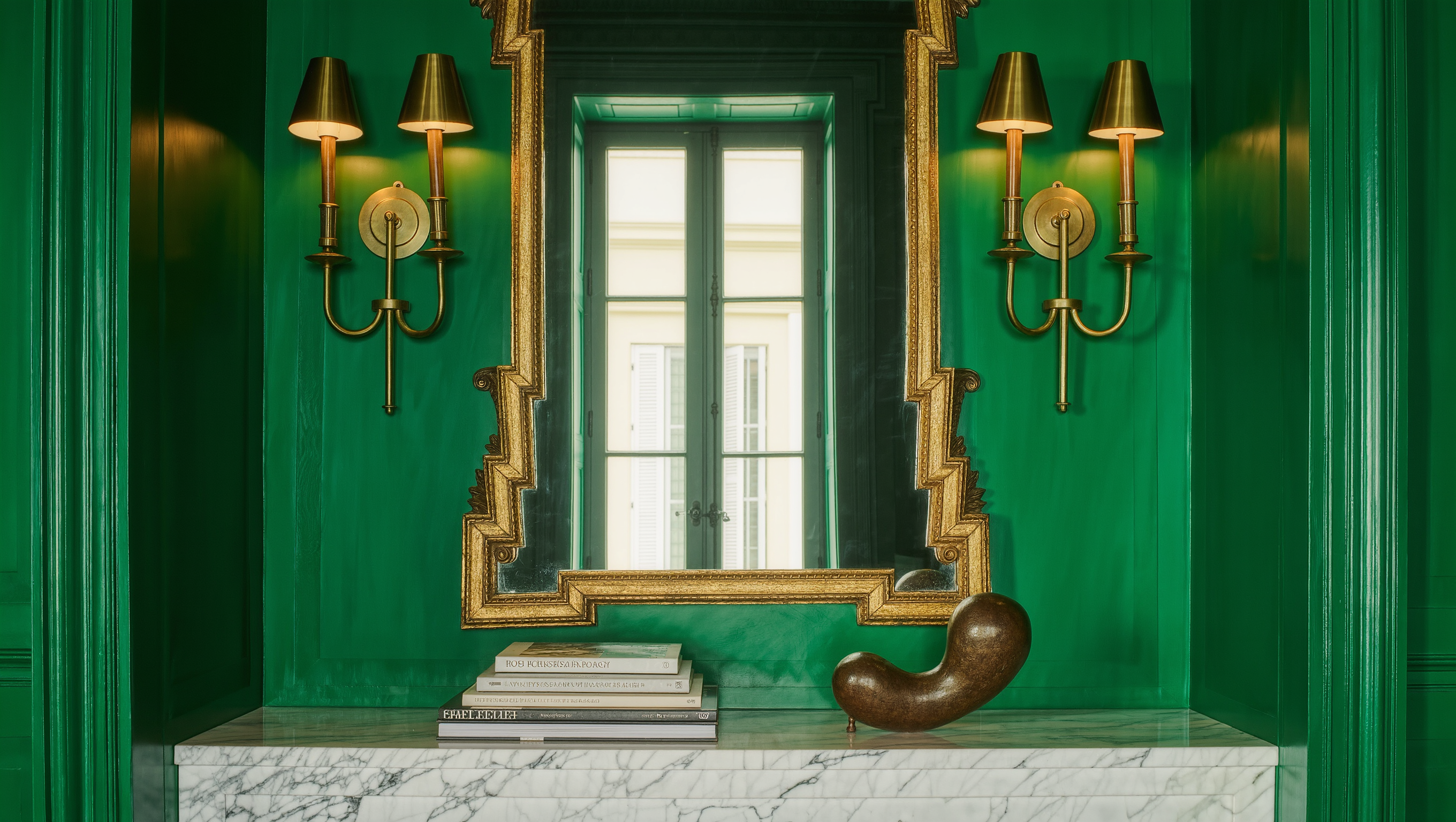 A deep emerald painted wall recess sits behind a marble console flanked by brass sconces and a gilt mirror.