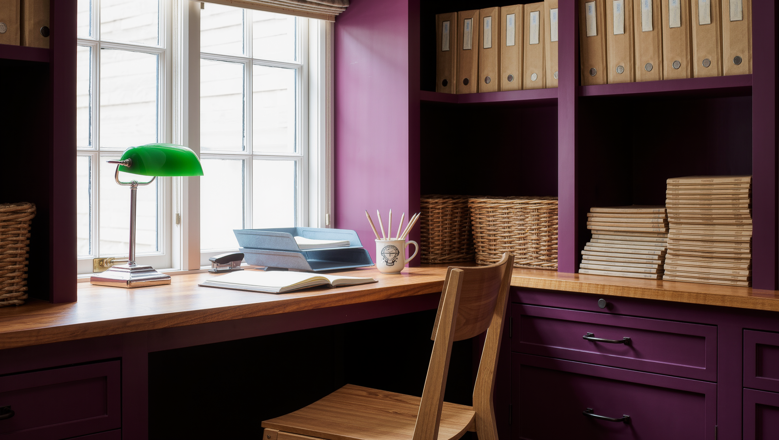 A plum-painted home office wall of cubbies and file drawers beside a walnut desk in bright daylight.