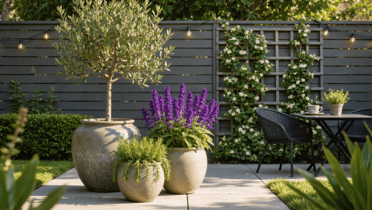 A small patio garden with three large glazed containers at graduated heights, a jasmine trellis, and a compact bistro set in afternoon sun.