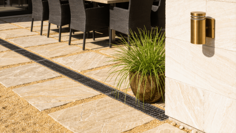 Permeable stone pavers with open joints beside a tighter stable dining paving zone
