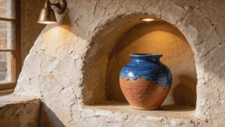 An arched plaster alcove holding a handmade terracotta and cobalt ceramic vessel