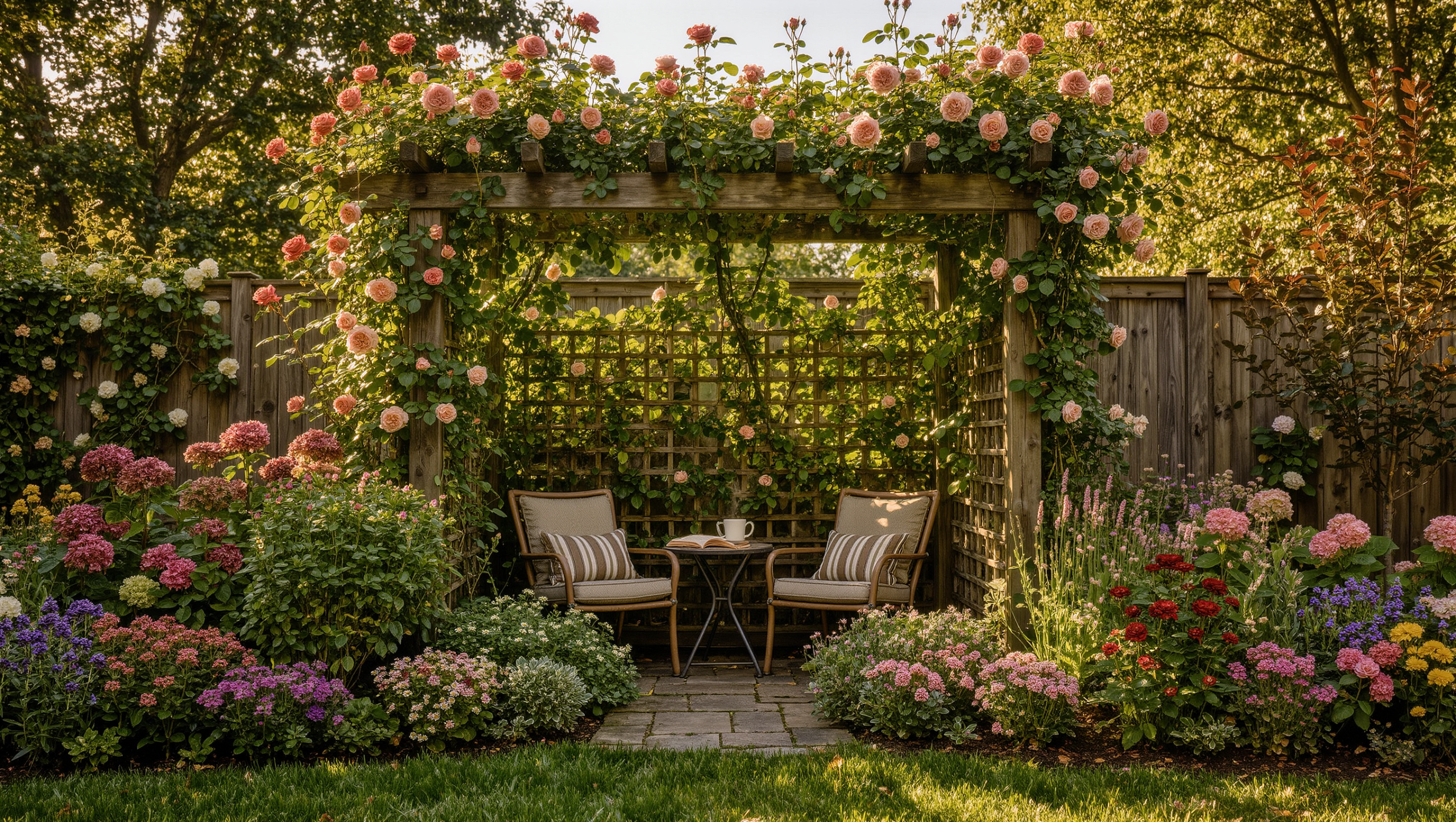 Backyard seating corner enclosed by tall flowering shrubs and a rose-covered trellis, with open sky above and two chairs at a small table.