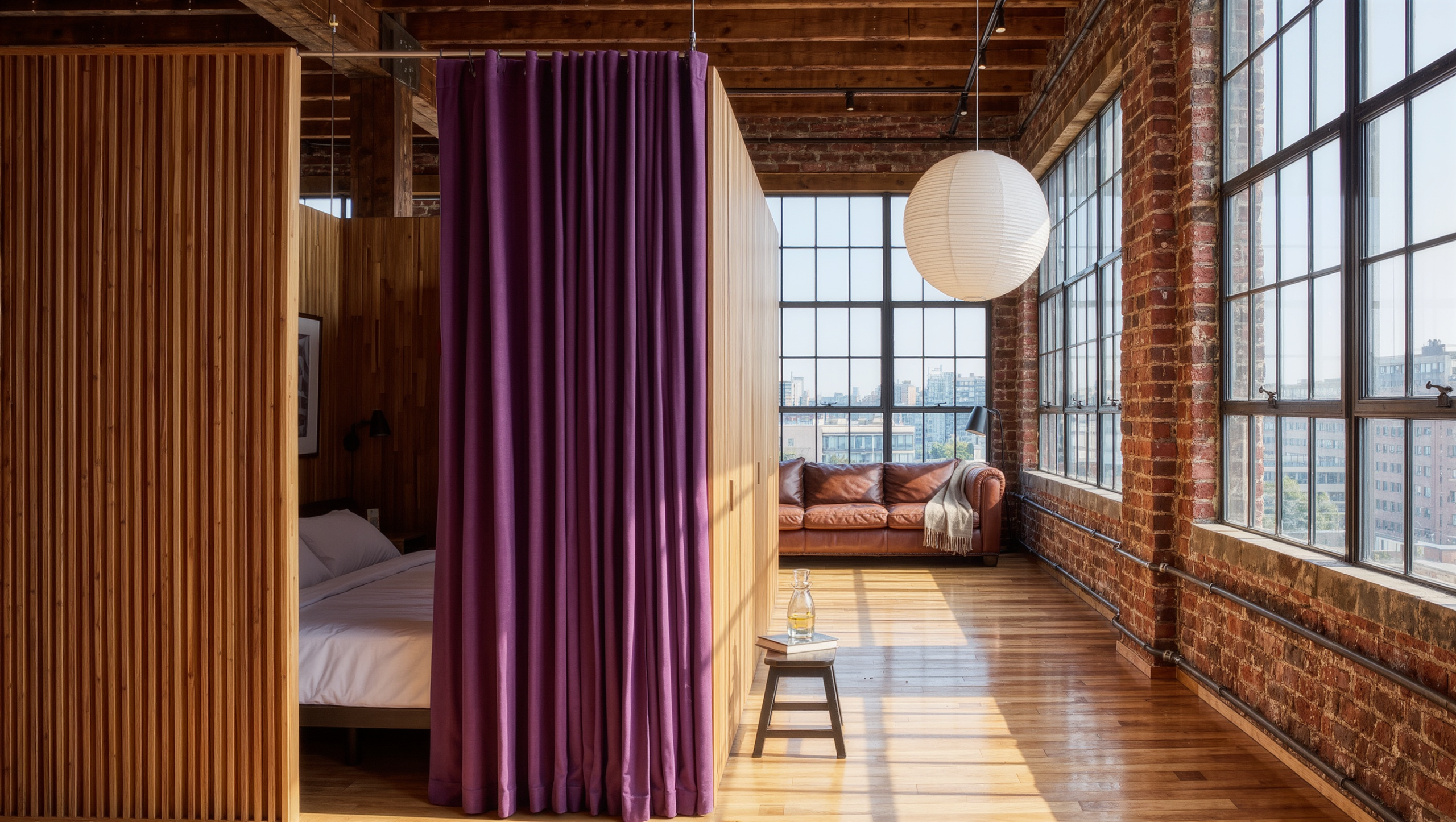 A sunlit loft with a slatted oak screen and half-drawn plum curtain giving the sleeping corner privacy without blocking the windows.