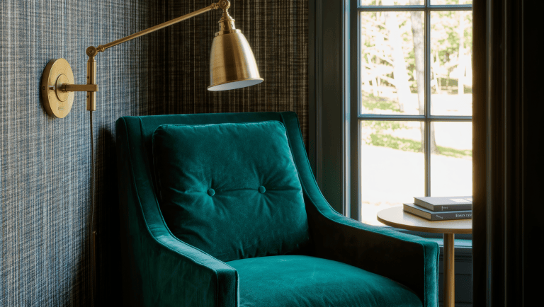 An emerald velvet reading chair in an alcove lit by a brass swing-arm wall light
