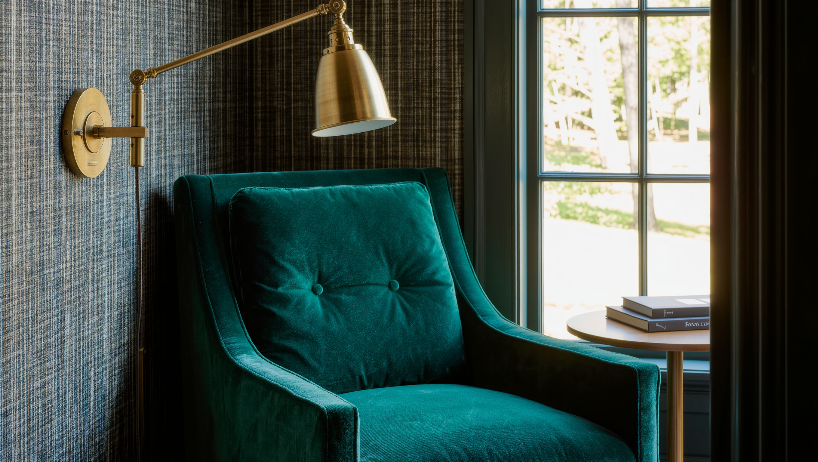 An emerald velvet reading chair in an alcove lit by a brass swing-arm wall light