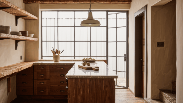 A kitchen corner with thick reclaimed-oak shelves on iron brackets, a workbench island with stone top, and daylight through a steel window.