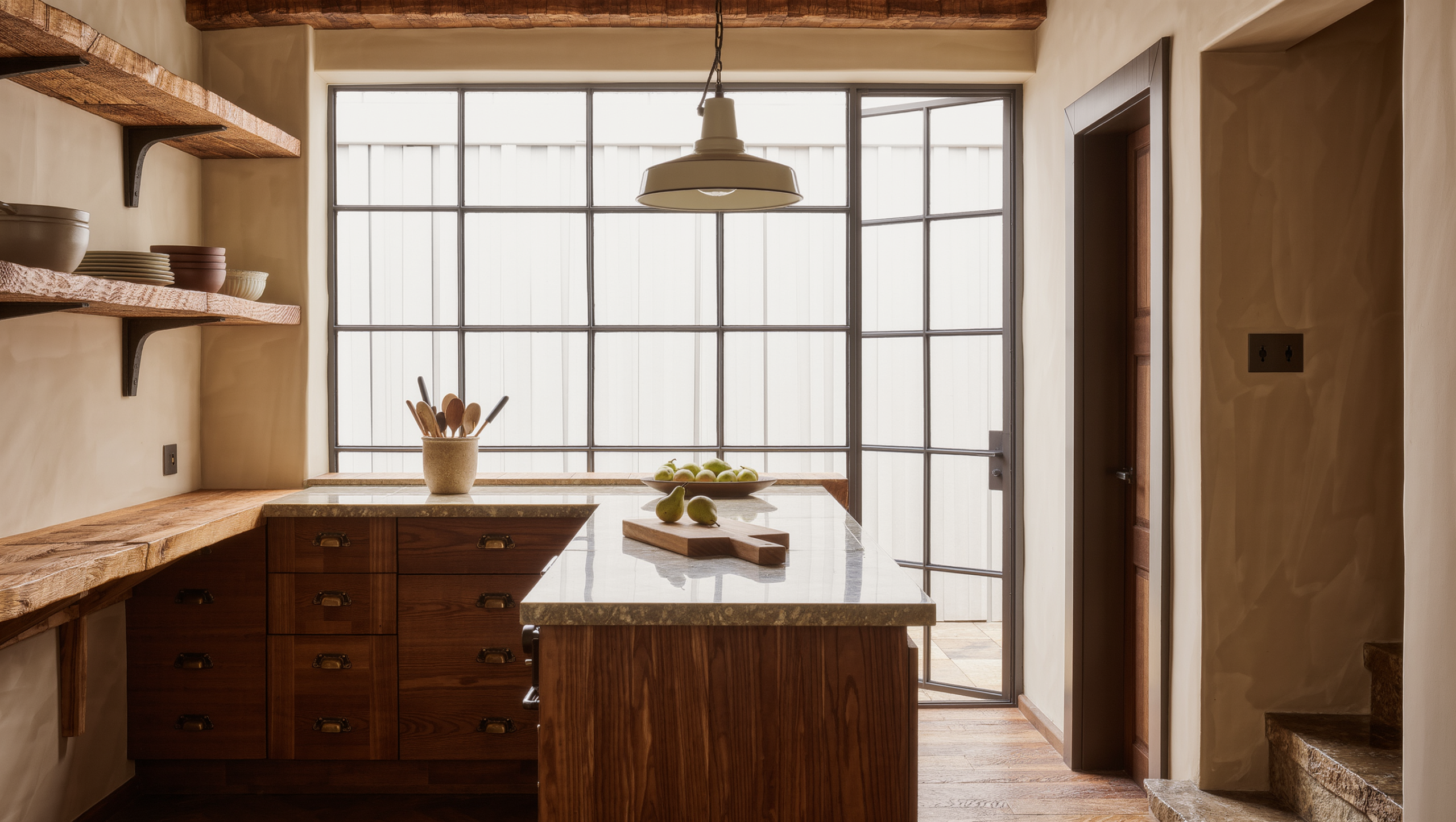 A kitchen corner with thick reclaimed-oak shelves on iron brackets, a workbench island with stone top, and daylight through a steel window.