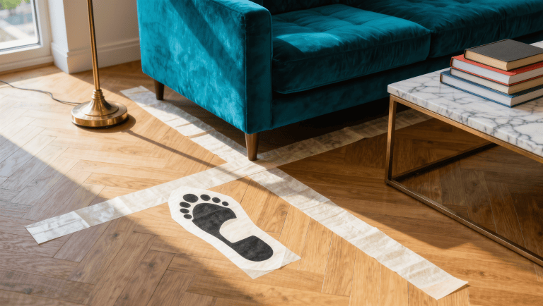 Strips of pale removable tape mark a furniture footprint and walking route beside a velvet sofa in daylight.