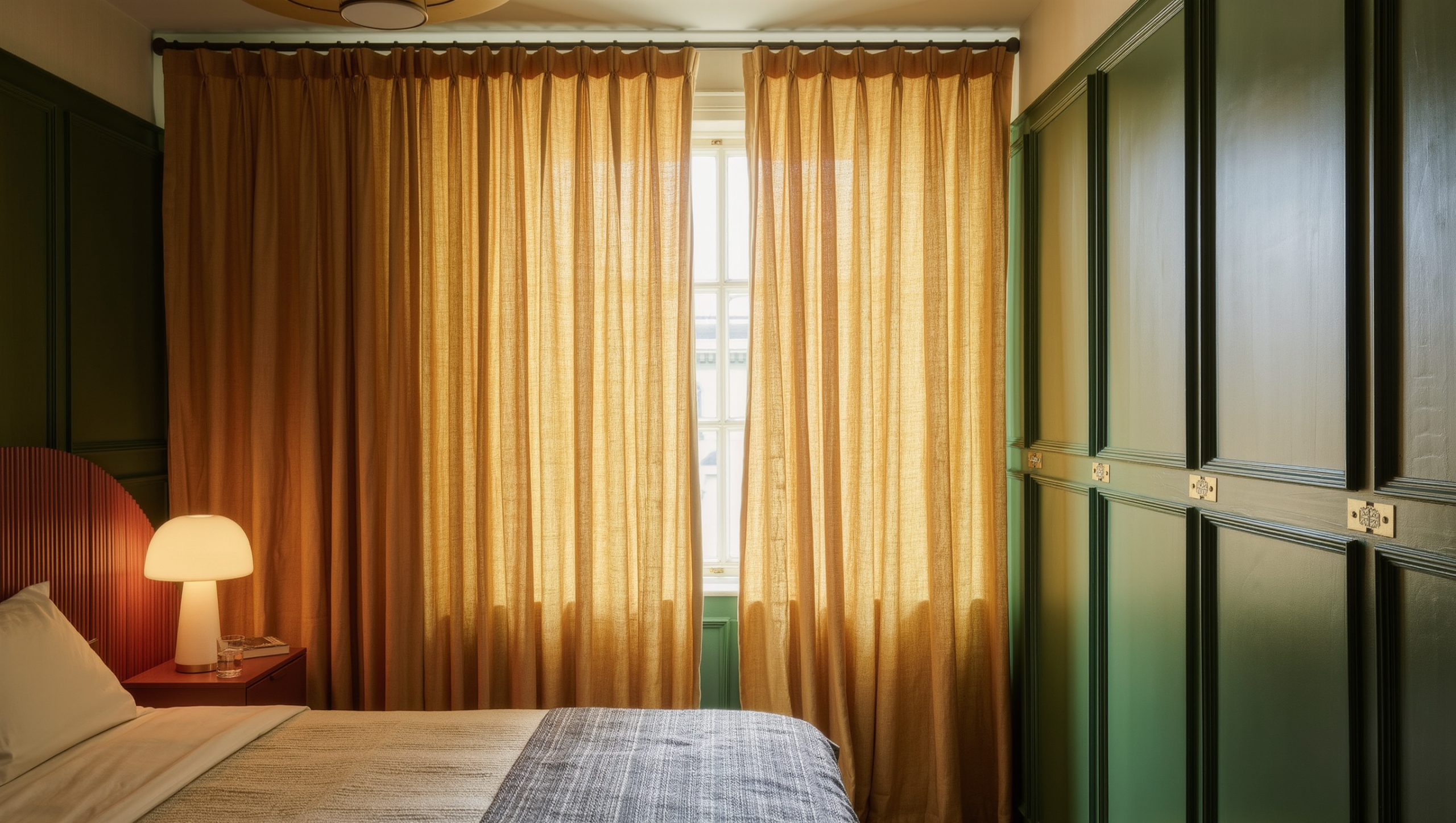 A bright rental bedroom with removable deep green molding panels, ochre linen curtains, and a freestanding fluted-wood headboard.