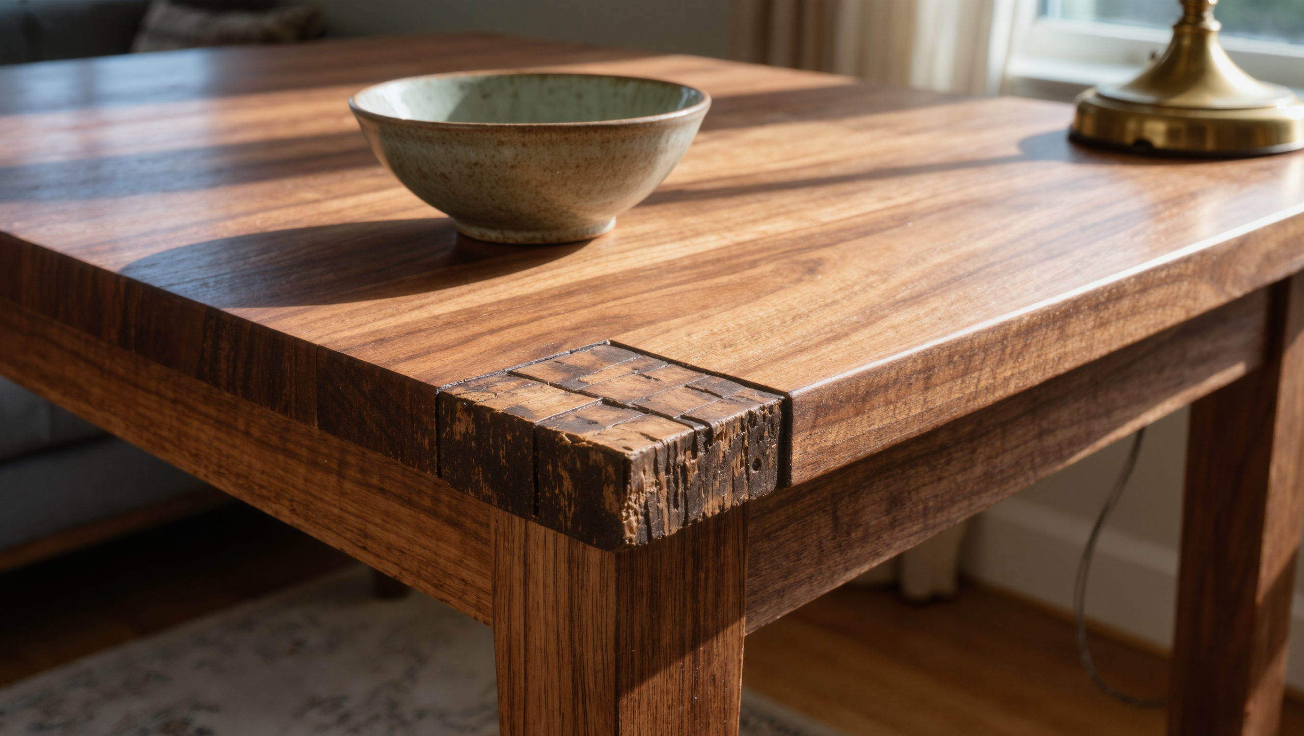 A solid walnut table corner with an old repair seam and a reglazed ceramic bowl