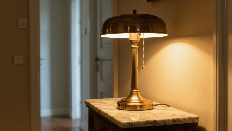 A restored vintage brass table lamp with a fresh braided cord on a marble console